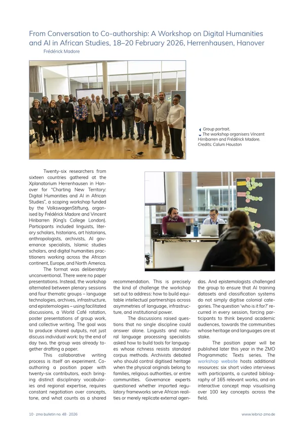 Article page from ZMO Bulletin 48, with photographs of the workshop participants and organisers.
